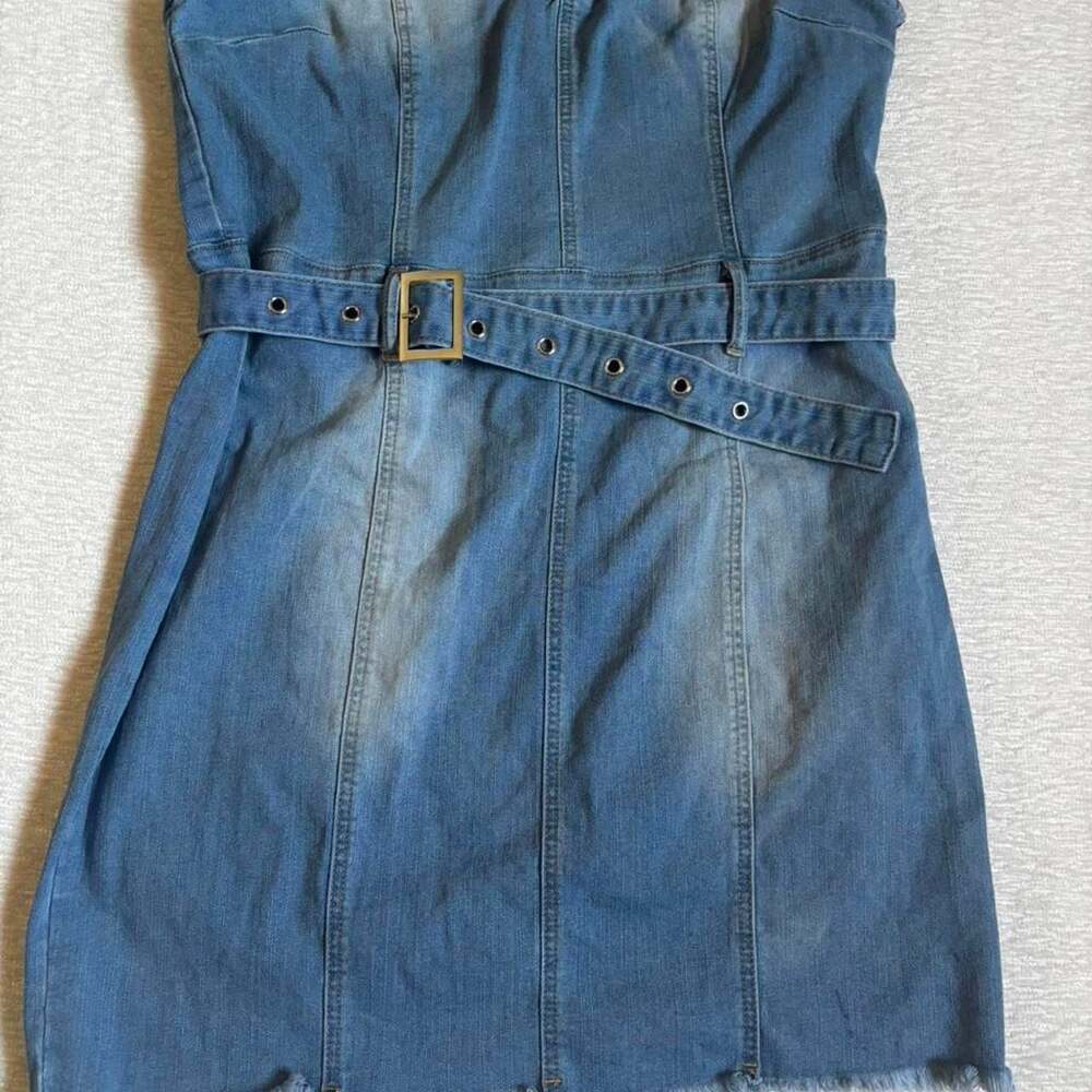 Blue Denim Strapless Mini Dress with Belt